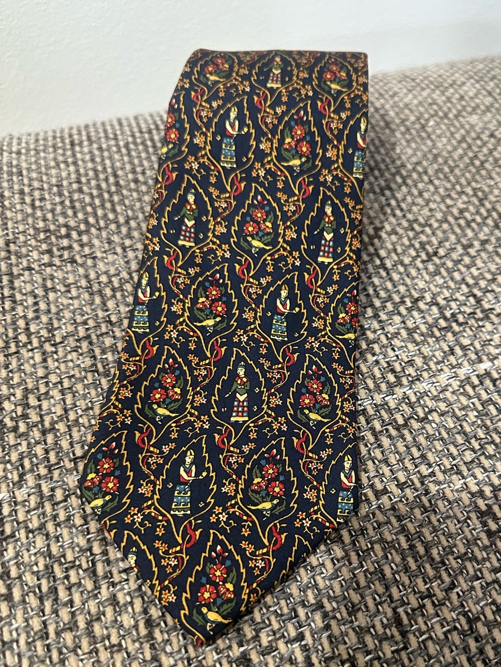 Vintage Salvatore Ferragamo Black Silk Tie with Folklore Motif Rare